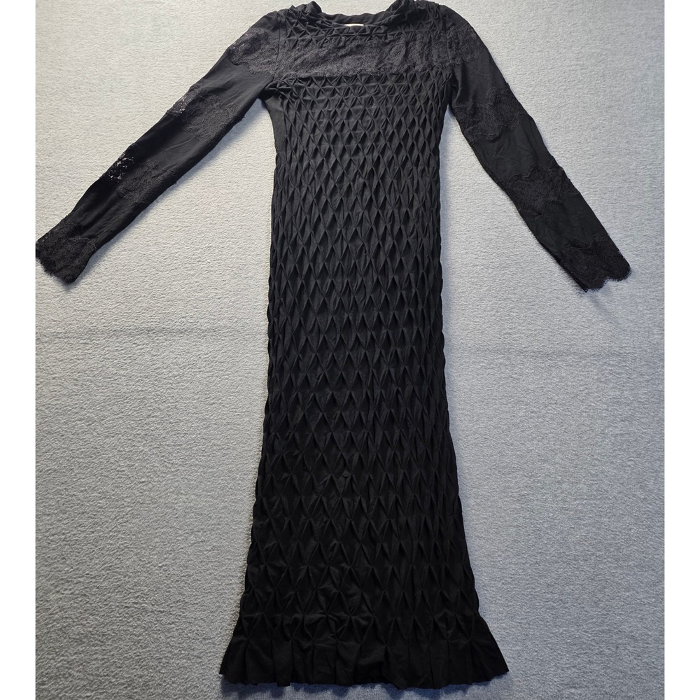 Huishan Shang Textured Long‎ Sleeve Womens US 2 Black Bodycon Maxi Dress Smocked